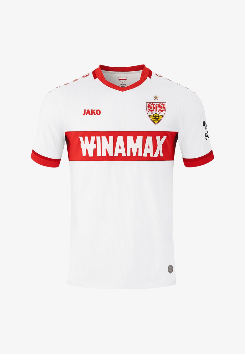 Maglietta corta bianca con maniche a kimono, con accenti rossi, caratterizzata da una larga fascia rossa con la scritta "WINAMAX," marchio "JAKO," e un logo con uno stemma di leone.