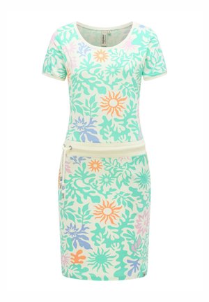 Kurzärmeliges Kleid mit rundem Ausschnitt, cremefarbener Basis und mehrfarbigem Blumen- und Blattmuster in Grün, Orange, Blau und Pink, mit einer Taille zum Binden.