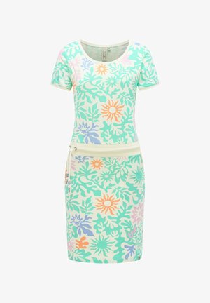 Kurzärmeliges Kleid mit rundem Ausschnitt, cremefarbener Basis und mehrfarbigem Blumen- und Blattmuster in Grün, Orange, Blau und Pink, mit einer Taille zum Binden.