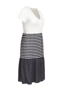 Robe à manches courtes avec un haut blanc, une partie médiane rayée bleu marine et blanc, et une jupe à pois bleu marine. Dotée d'un col en V.