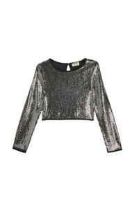 Top corto a maniche lunghe in paillettes nere con scollatura rotonda e dettaglio a porta chiave sulla schiena, caratterizzato da una finitura liscia e scintillante.