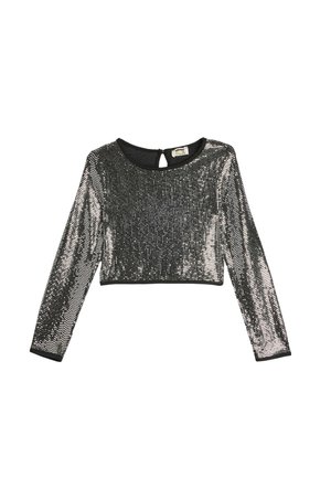 Haut court à manches longues en sequins noirs avec un col rond et un détail en ouverture au dos, présentant une texture lisse et une finition scintillante.