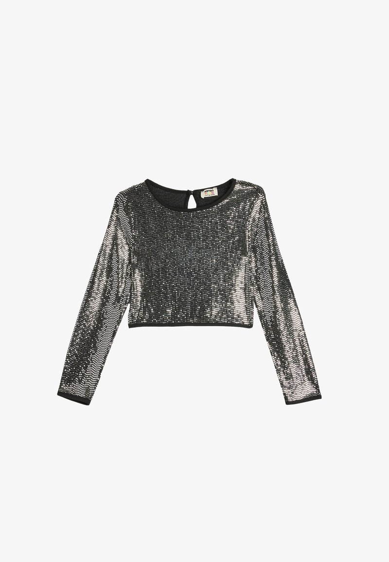 Top corto a maniche lunghe in paillettes nere con scollatura rotonda e dettaglio a porta chiave sulla schiena, caratterizzato da una finitura liscia e scintillante.