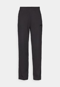 Black athletic pants with an elastic waistband, ribbed texture, and a small logo on the left side. Straight-leg fit, no pockets.