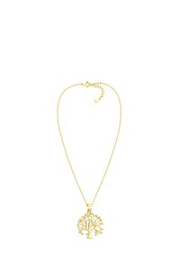 Collana d'oro con un pendente ad albero della vita con rami e foglie intricati, appesa a una catena delicata con una chiusura sicura.
