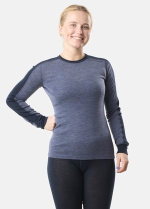 Long-sleeve thermal shirt in a blend of blue shades. Features contrasting dark blue accents on shoulders and cuffs, smooth texture.