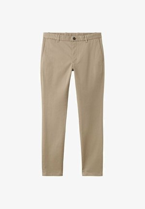 Beigen väriset, kapealahkeiset chinot, jotka on valmistettu puuvillakankaasta. Etuosassa napillinen sulkeminen, vinot sivutaskut ja sileä pinta. Rentoon tyyliin.