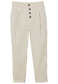 Pantaloni di colore crema con strisce verticali nere, caratterizzati da un design plissettato e cinque bottoni neri lungo la chiusura frontale. Con risvolto alle caviglie.