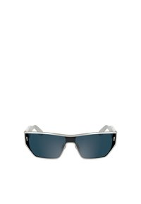 Lunettes de soleil avec une monture noire rectangulaire, des verres teintés gris et des accents transparents sur les branches. Présente un design aérodynamique et angulaire.