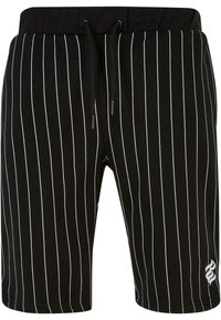 Pantaloni scurți negri cu dungi verticale albe, confecționați dintr-un material moale, având un brâu elastic cu șnur și un mic detaliu cu logo.