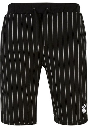 Black shorts with vertical white stripes, made from soft material, featuring an elastic waistband with drawstring and a small logo detail.