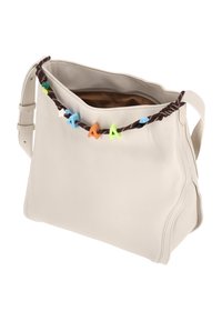 Große cremefarbene Lederhandtasche mit strukturierter Oberfläche und braunem Seil-Akzent mit bunten Plastikbuchstaben. Verstellbarer Schulterriemen.