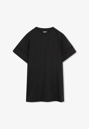 T-shirt noir à manches courtes surdimensionné avec encolure ronde et subtile inscription "DKNY" sur les manches.