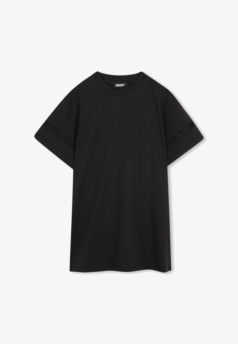 T-shirt noir à manches courtes surdimensionné avec encolure ronde et subtile inscription "DKNY" sur les manches.