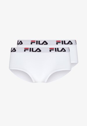 Bijela pamučna hipster gaćice s sivim elastičnim pojasom koji sadrži ponavljajući crno-crveni "FILA" logo. Uključene su dvije parove.