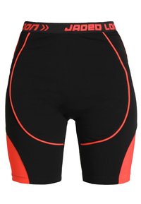 Černé a červené atletické šortky s červenými lemovacími detaily a textem "Jaded London" na pásku.