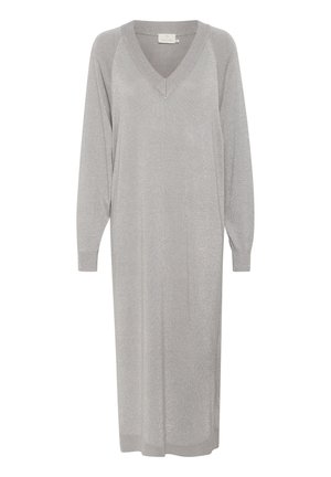 Robe grise à manches longues avec un décolleté en V, fabriquée dans un matériau texturé et scintillant, présentant des poignets côtelés et une silhouette droite.
