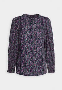 Blusa nera a fiori con maniche lunghe, caratterizzata da un motivo floreale multicolore, scollatura rotonda e patta con bottoni. Tessuto leggero con polsini arricciati.
