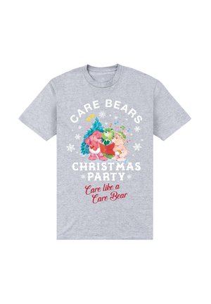 Szara koszulka z krótkim rękawem z grafiką Care Bears w temacie świątecznym, kolorowe misie i płatki śniegu. Napis brzmi: "Care Bears Christmas Party".
