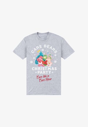 Szara koszulka z krótkim rękawem z grafiką Care Bears w temacie świątecznym, kolorowe misie i płatki śniegu. Napis brzmi: "Care Bears Christmas Party".