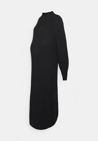 Musta neulemekko, jossa on korkea kaulus, pitkät hihat ja rento istuvuus. Mekossa on kaareva helma ja pehmeä tekstuuri, sopii arkipukeutumiseen.