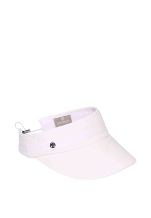 Biely športový šilt z látky s nastaviteľným remienkom a malým kovovým logom na prednom páse.