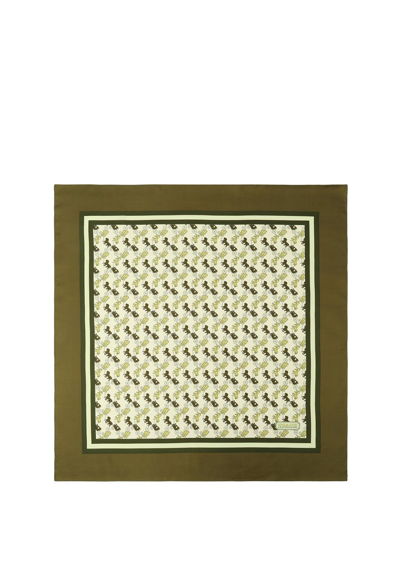 Kwadratowy jedwabny szalik z białym środkiem, ozdobiony zielonymi wzorami roślinnymi i zwierzęcymi, z ciemnozielonymi i beżowymi paskami na brzegach.