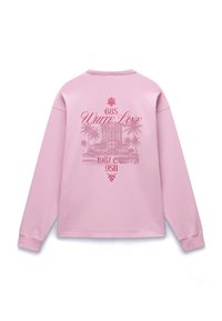 Camicia a maniche lunghe rosa chiaro con grafica rossa di edificio e palme, testo "685 White Lane 1987 CAL 9511" sul retro.