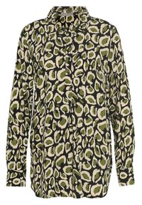 Camicia a maniche lunghe con sfondo nero e stampa astratta a pois verde e crema. Presenta un colletto e chiusura con bottoni frontalmente.