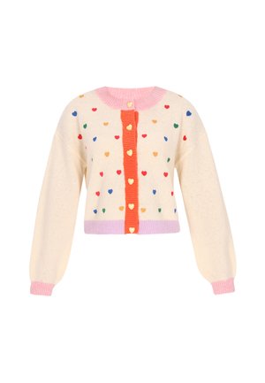 Cardigan lavorato a maglia in crema con motivi a cuore multicolore. Presenta una patta con bottoni arancioni con bottoni a forma di cuore e polsini a coste rosa.