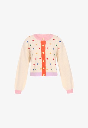 Krémszínű kötött kardigán, amely multicolor szív mintákkal díszített. Az ujjain narancssárga gombsor található szív alakú gombokkal, valamint rózsaszín bordás mandzsetták.