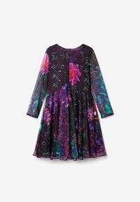 Langärmliges Kleid mit dunkellila Hintergrund und lebhaften Blumenmustern in Pink, Teal und Grün. Ausgestellter Rockdesign.