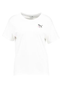Bílý krátký rukáv tričko Puma s multikolorovým logem Puma a černou siluetou pumy na levé hrudi.