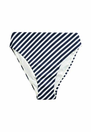 Navy blue and white diagonal striped bikini bottom with a high-cut leg and lined interior.