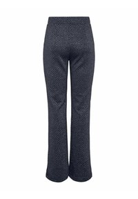 Pantaloni a zampa d'elefante in tessuto navy scuro testurizzato, caratterizzati da una vita ampia e una finitura liscia e lucida. Senza tasche o chiusure visibili.