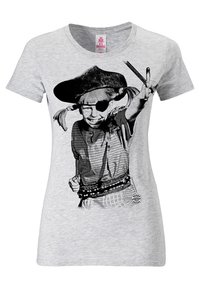 Grå bomuld t-shirt med et sort-hvidt grafik af et barn klædt som pirat, iført en øjenlap og holder en pind/våben.