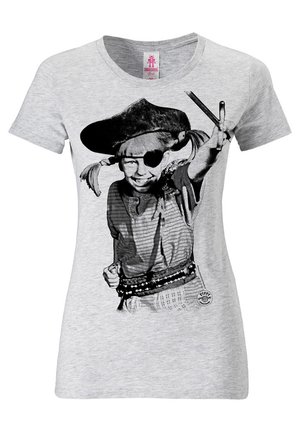 Gray cotton t-shirt featuring a black-and-white graphic of a child dressed as a pirate, wearing an eyepatch and holding a stick/weapon.