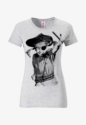 T-shirt in cotone grigio con una grafica in bianco e nero di un bambino vestito da pirata, con una benda sull'occhio e che tiene un bastone/arma.