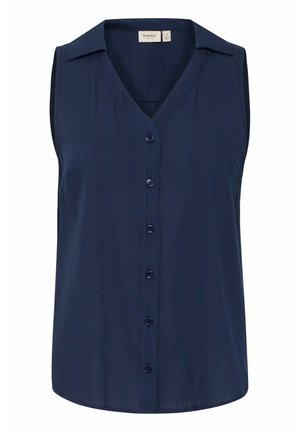 Sleeveless navy blouse with a V-neck, button front, and a textured fabric. Features a classic collar and slightly curved hemline.