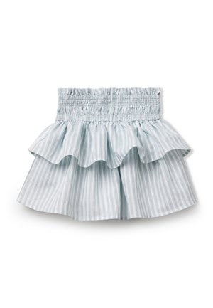 Light blue striped skirt with a ruffled hem, featuring an elastic waistband for adjustable fit. Made from lightweight fabric with a textured finish.