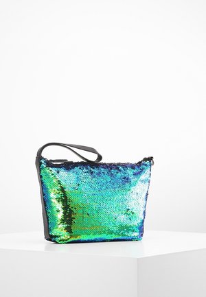 Sequined bag with a green and blue iridescent design, rectangular shape, and black strap. Smooth texture and shiny surface.