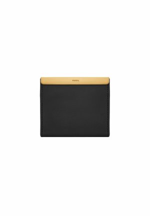 Porte-cartes en cuir noir avec un accent doré en haut. Texture lisse, design minimaliste et logo embossé à l'avant.