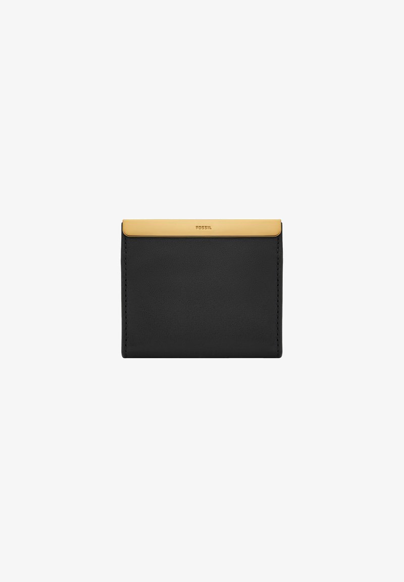 Porte-cartes en cuir noir avec un accent doré en haut. Texture lisse, design minimaliste et logo embossé à l'avant.