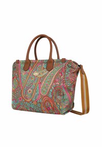 Borsa a spalla con motivo a paisley in rosa, teal e marrone; manici in pelle; tracolla regolabile a righe; chiusura con zip.