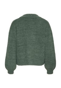 Zelený, zkrácený kardigan vyrobený z měkké, texturované pleteniny. Obsahuje zaoblený límec, balónkové rukávy a volný střih. Zobrazeno ze zadní strany.