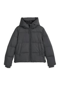 Czarna kurtka puchowa z kapturem, posiadająca przedni zamek błyskawiczny i dwie przednie kieszenie. Gładka faktura z pikowanymi sekcjami dla izolacji.