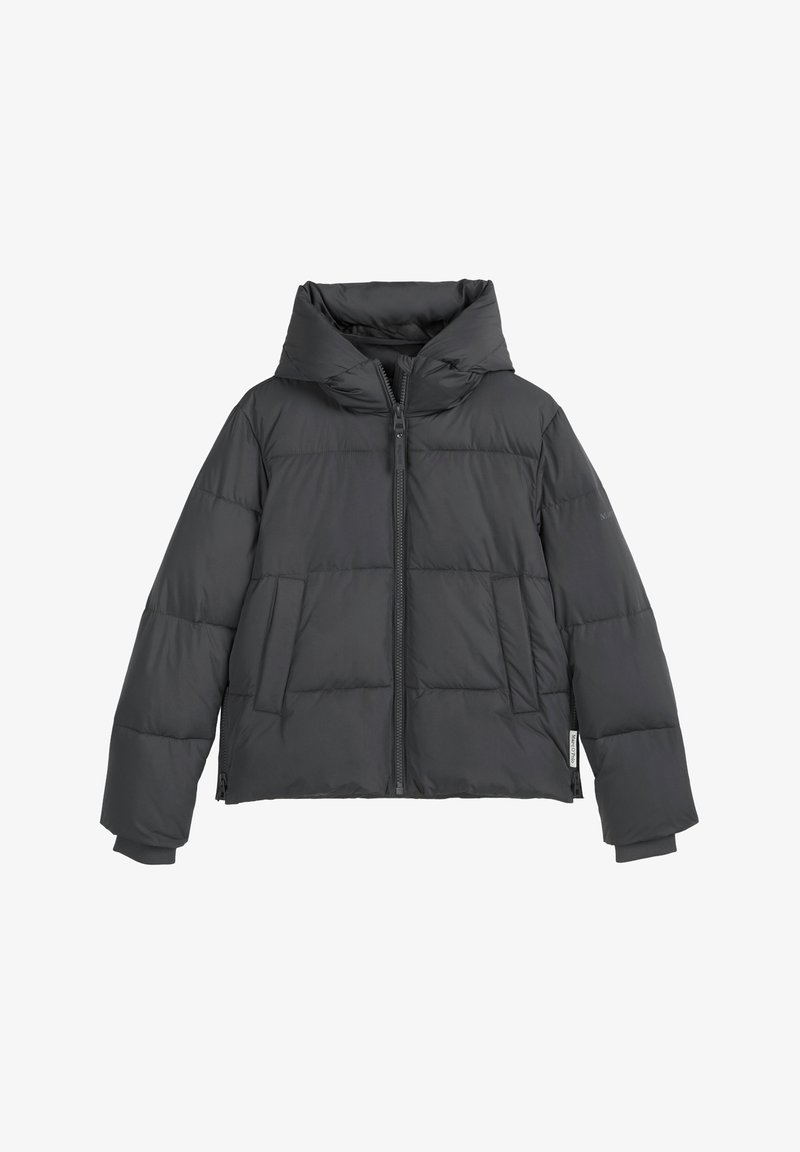 Czarna kurtka puchowa z kapturem, posiadająca przedni zamek błyskawiczny i dwie przednie kieszenie. Gładka faktura z pikowanymi sekcjami dla izolacji.