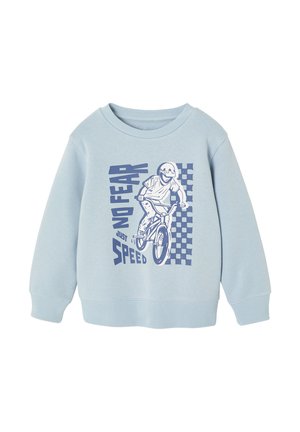 Light blue long-sleeve sweatshirt with a blue graphic of a person riding a bike and text "NO FEAR just SPEED" next to a checkered pattern.