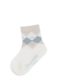 White ankle sock with beige, green, and blue argyle diamond pattern and ribbed cuff.