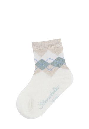 Weiße Knöchelsocks mit beigem, grünem und blauem Argyle-Diamantmuster und geripptem Bündchen.